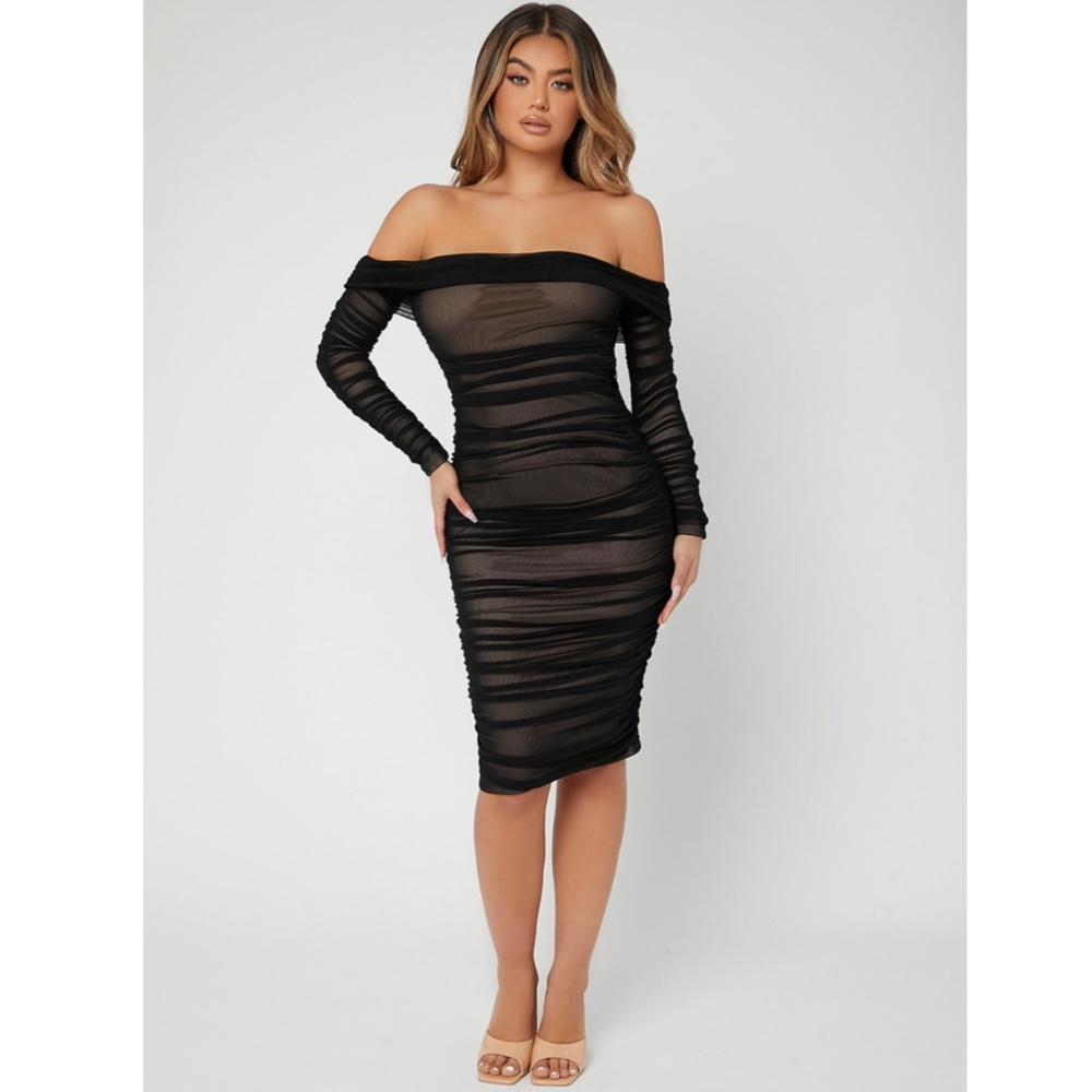 Black Mesh Ruched Off Shoulder Dress - Picture 5 of 9